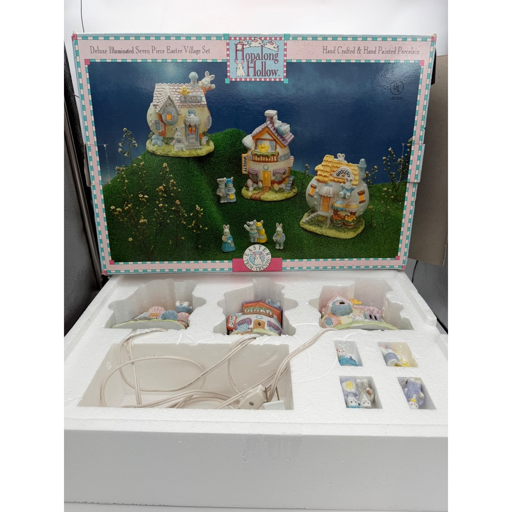 Hopalong Hollow 7 Piece Illuminated Easter Village Set Porcelain Bunny Figures